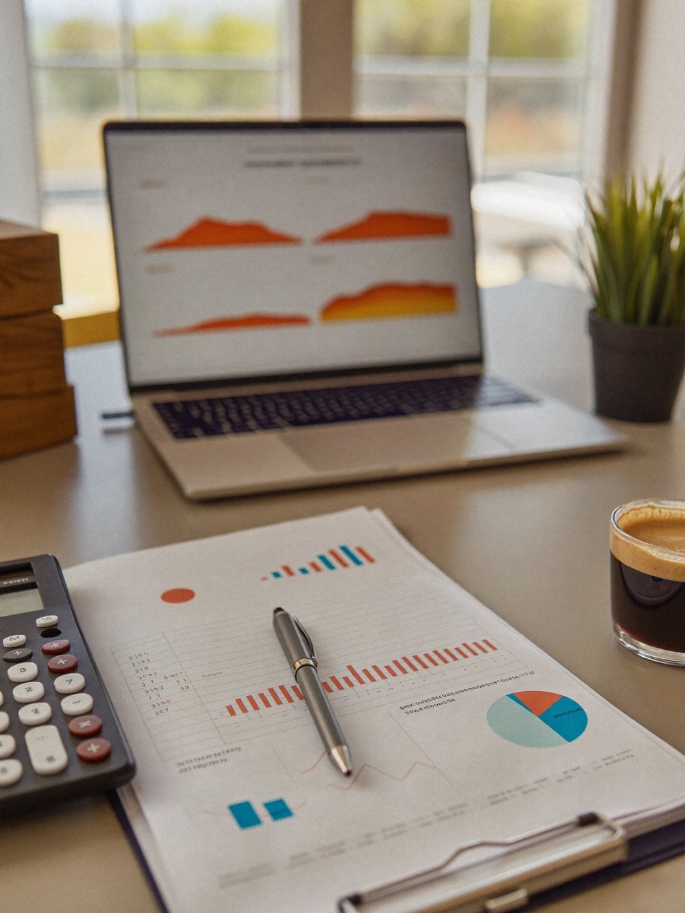 Accounting paperwork, financial charts and a calculator on a desk